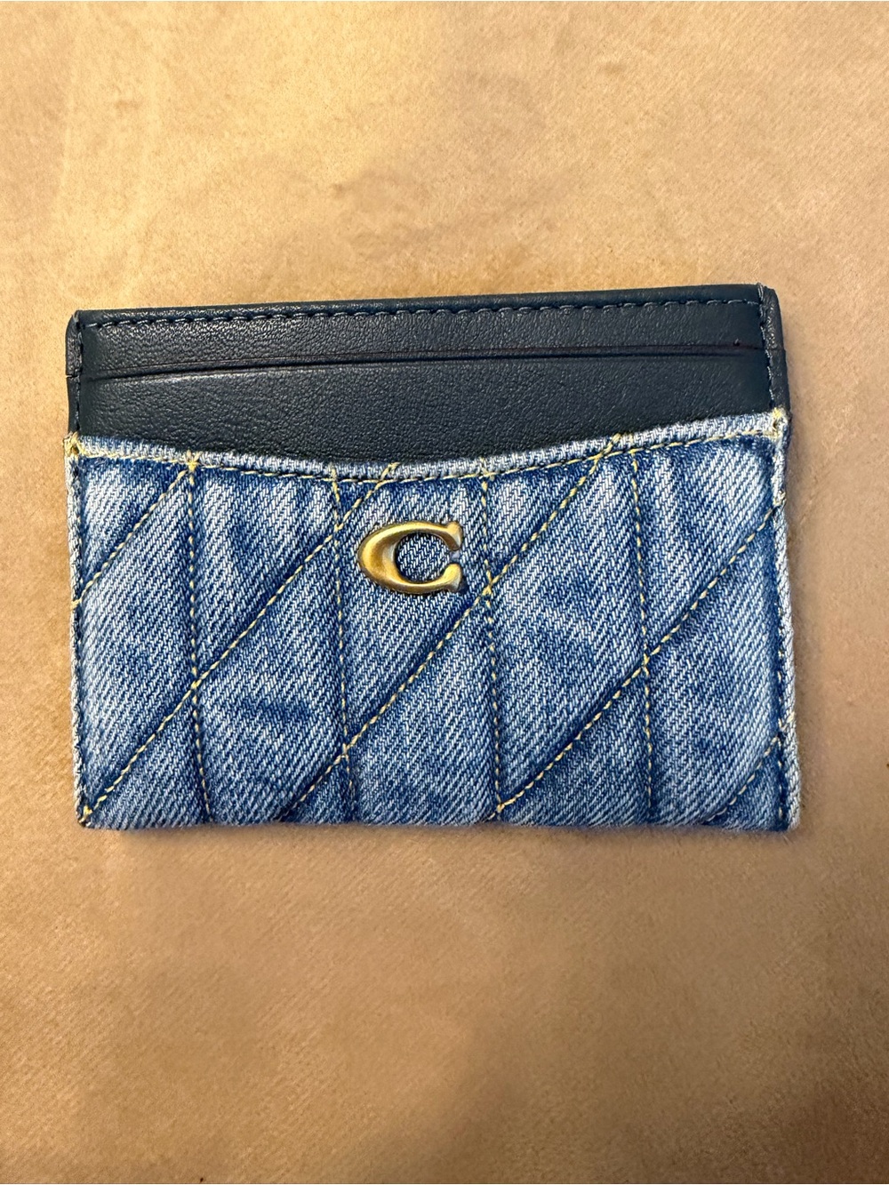 Coach Blue Denim and Black Leather Card Holder with Gold 'C'